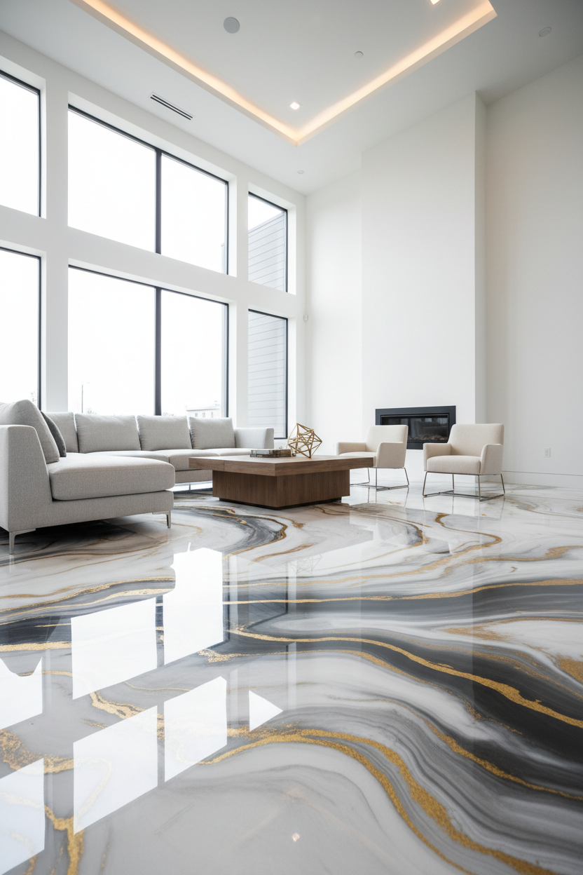 make a picture of a modern house where the floor is made out of white, gold and grey epoxy resin, highlight the floor, the lighting is bright. the size of the picture is 768x960.