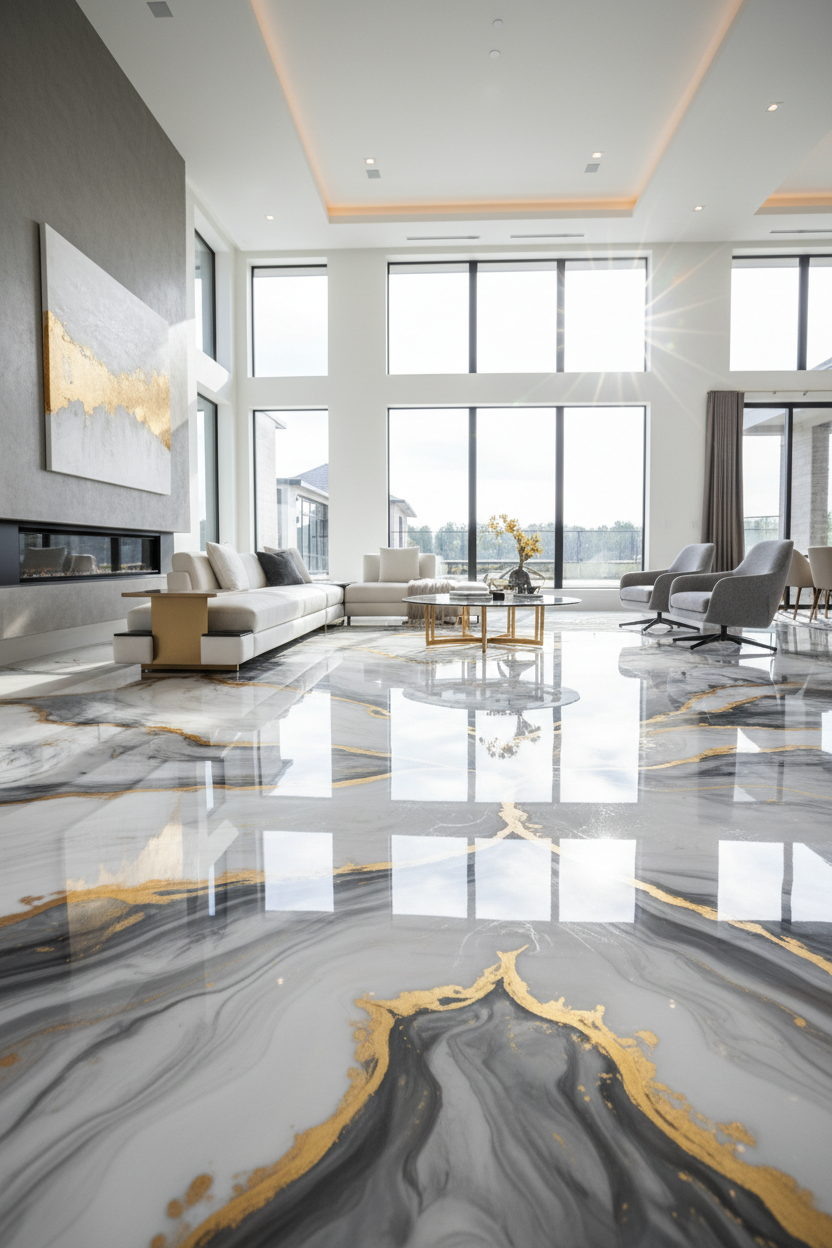 make a picture of a modern house where the floor is made out of white, gold and grey epoxy resin, highlight the floor, the lighting is bright. the size of the picture is 768x960.