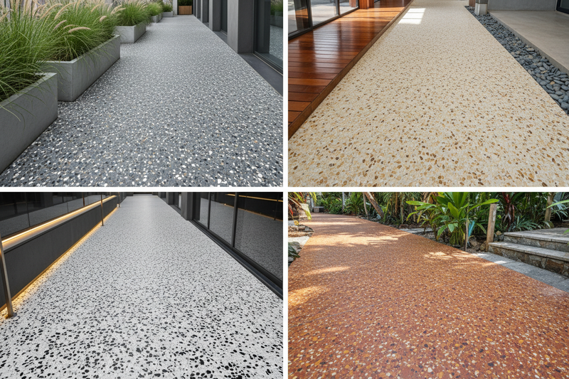 A premium, photorealistic collage image showing four flake epoxy floors in one single frame, designed as an outdoor or semi-outdoor walking pathway. The image is divided into four equal sections. Each section features a decorative flake epoxy floor with a different color blend (grey mix, beige mix, black & white mix, and warm earth tones). The walkway appears durable and slip-resistant, with a textured flake surface. Clean modern surroundings, natural daylight, realistic materials, high detail, professional