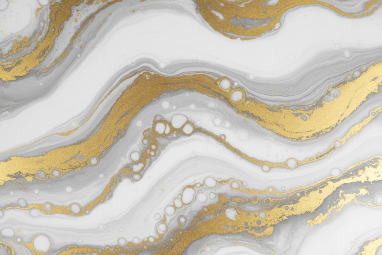Abstract modern epoxy resin flow background, seamless flowing composition without visible edges. Elegant gold, white, and soft gray tones with subtle darker gray accents. Glossy premium epoxy texture with smooth liquid transitions and refined marble-like details. Clean, luxurious, and contemporary aesthetic. Minimal and balanced design suitable as a full-page background, calm and text-friendly, not too busy. High resolution, modern abstract background style.