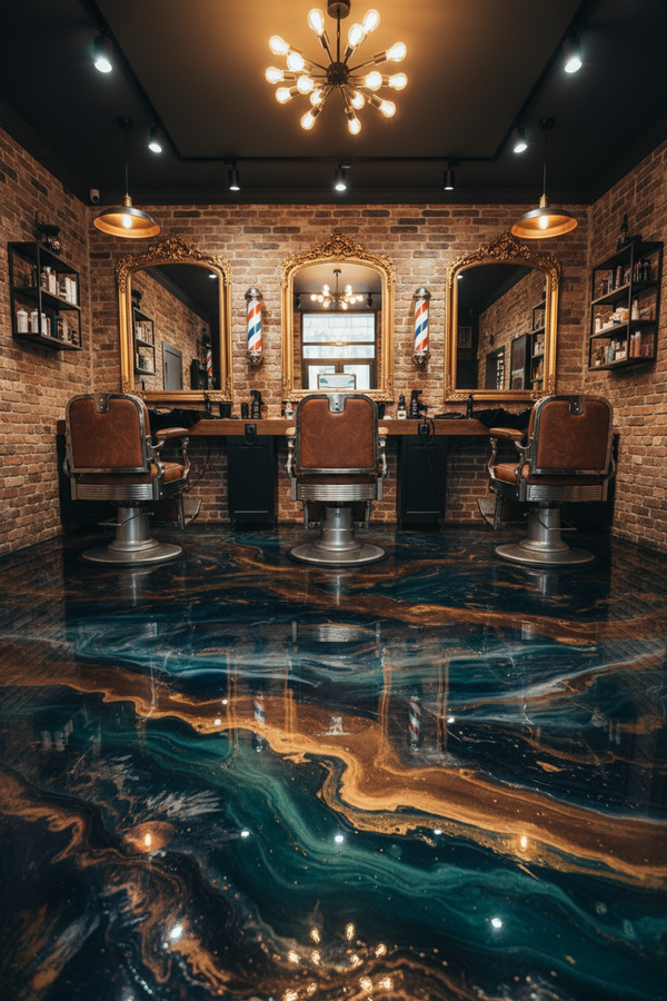 can you create a 550x1200 frame picture where is a barber shop in budapest with luxury epoxy resin floor