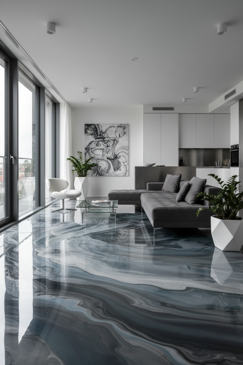 generate a 550x1200 frame picture with a hungary apartment with a epoxy resin floor witch has modern colors