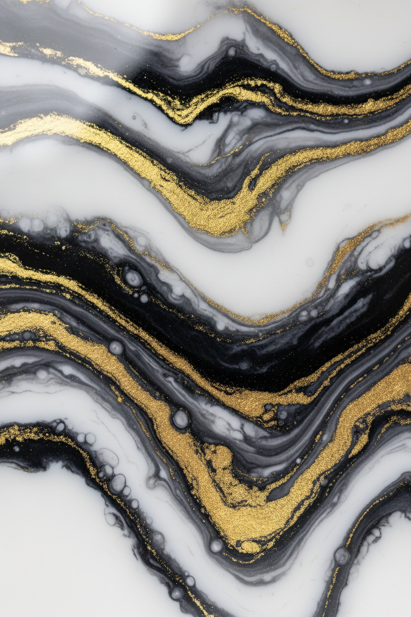 make a picture of a marble texture from epoxy resin use black, grey and gold accent colours on a white base color. And make the picture is in 480x550 pixel. Make it full size. 