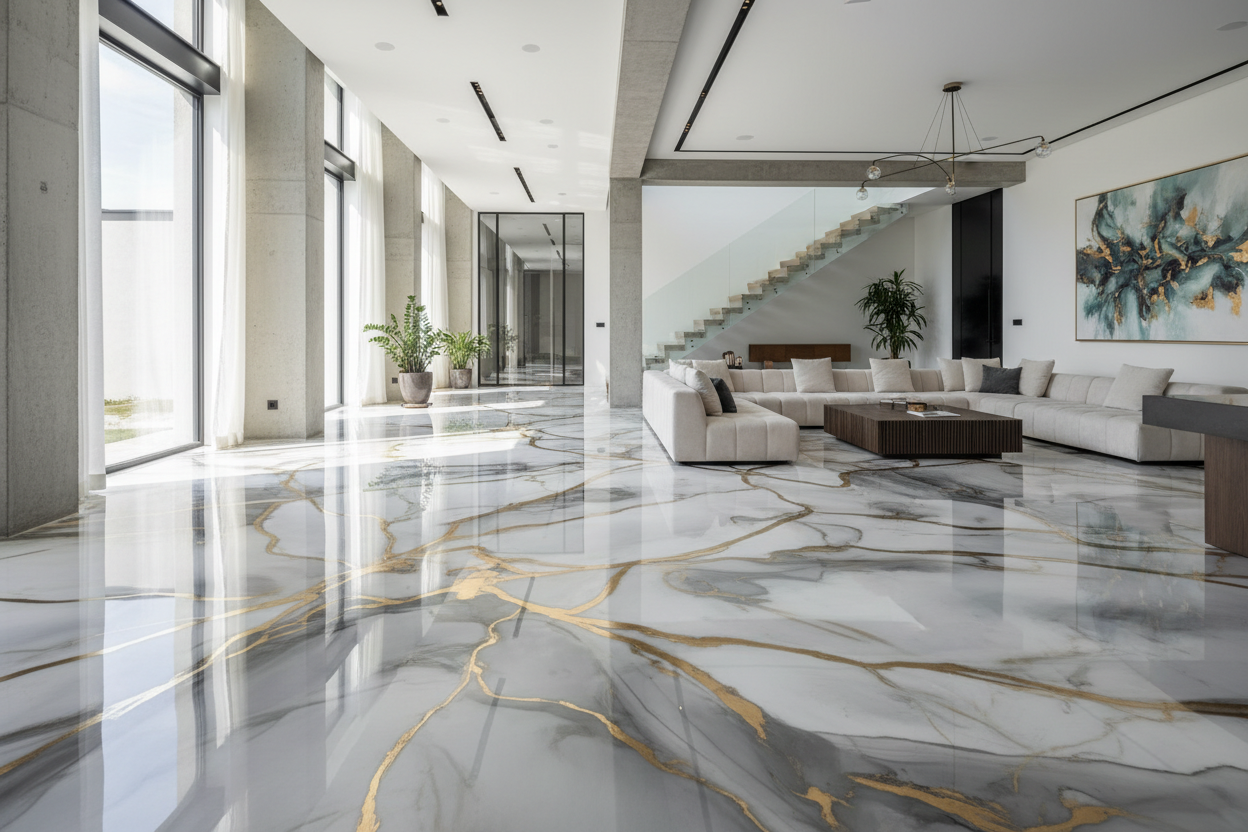 make a picture of a modern house where the floor is made out of white, gold and grey epoxy resin, highlight the floor, the lighting is bright. the size of the picture is 1920x1000