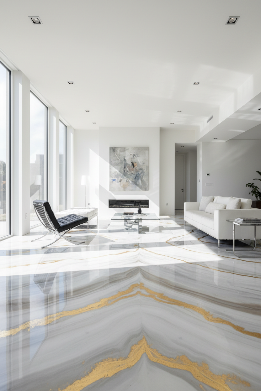 make a picture of a modern house where the floor is made out of white, gold and grey epoxy resin, highlight the floor, the lighting is bright. the size of the picture is 768x960.