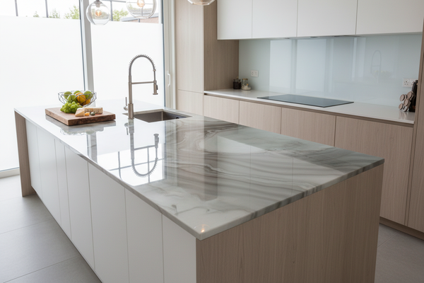 Modern kitchen countertop made of glossy epoxy resin, sleek and polished finish. Bright and airy kitchen environment, clean minimal design with neutral cabinets (white, gray, or light wood). Subtle swirls or color accents in the epoxy (gray, white, or soft metallic), realistic reflections and textures on the countertop. Stylish kitchen accessories like cutting boards or fruit bowl, photorealistic, inviting and contemporary atmosphere, high detail.